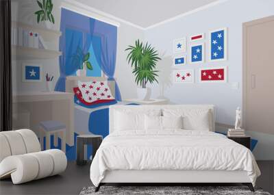 Colorful interior of bedroom in flat cartoon style. Wall mural