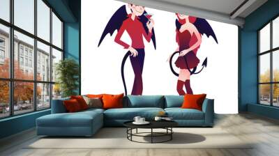 Devil couple. Cute young boy and girl in style of Mystic Monsters going for Halloween party. Vector. Wall mural