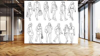 Set of men and women standing and walking. Monochrome vector illustration of people in different poses in simple line art style. Hand drawn sketch. Black lines isolated on white background. Wall mural