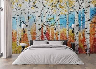 Hand drawn watercolor painting of birchwood. Landscape painting with colorful leaves, birch trees and autumn vibes Wall mural