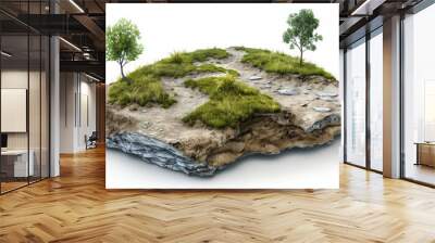 3D render of a small floating island with grassy terrain, two trees, and rocky layers, isolated on a white background. Wall mural