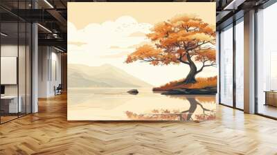 A lone tree stands on a small island in a serene lake, its golden leaves reflecting in the water. Mountains rise in the background, creating a tranquil landscape. Wall mural