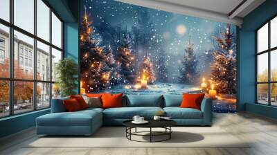 A magical winter wonderland scene with snow falling, glowing Christmas trees, and flickering candles. Wall mural