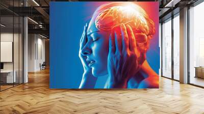 A person with a throbbing headache, holding their head in pain. The image is a stylized representation of a migraine. Wall mural