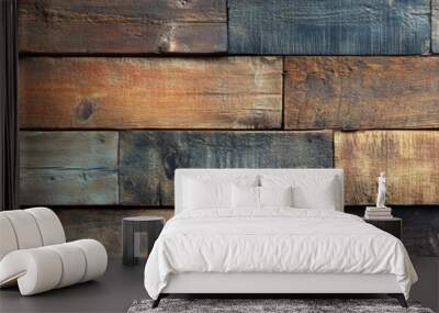 A rustic wooden wall texture showcasing a variety of natural wood tones and grains in an eye-catching arrangement. Wall mural