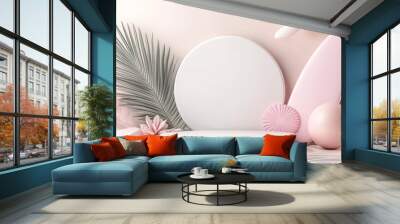 A serene display of pink and green elements with circular shapes, perfect for showcasing products or minimalist designs. Wall mural