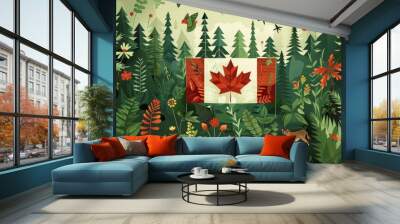 A vibrant illustration of Canada's natural beauty, featuring the flag amidst lush greenery and wildlife, celebrating the country's diversity. Wall mural