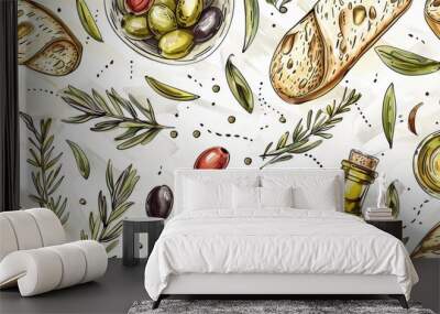 A vibrant illustration of olives, bread, and olive oil, perfect for culinary themes and Mediterranean cuisine. Wall mural