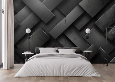 Abstract black geometric pattern of overlapping rectangles, creating a textured and modern design. Wall mural