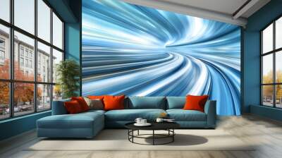 Abstract blue and white tunnel with light streaks, a captivating blend of motion design Wall mural