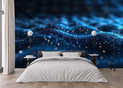 Abstract blue digital wave with glowing particles. Futuristic technology background. Wall mural