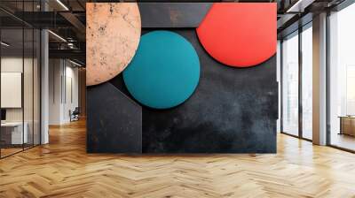 Abstract composition featuring colorful circles on a textured black surface, perfect for modern design concepts and backgrounds. Wall mural