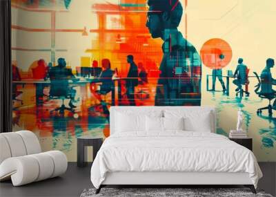 Abstract illustration of a bustling office space with blurred figures, representing the energy and complexity of modern business. Wall mural