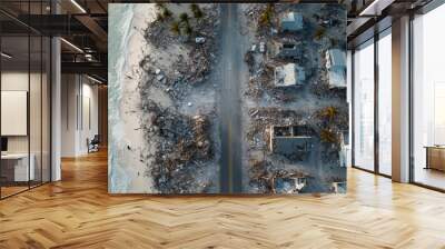 Aerial view of coastal hurricane destruction aftermath Wall mural