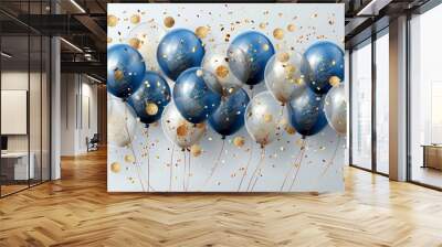 Blue and white balloons with gold confetti, perfect for celebrations and festive occasions. Wall mural