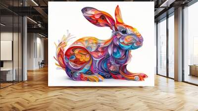 Colorful abstract rabbit illustration in paper quilling art style with intricate swirling patterns and vivid gradient hues. Wall mural