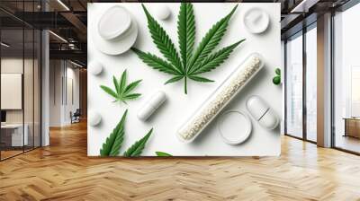 Flat lay arrangement of cannabis leaves and various health supplements showcasing natural wellness products. Wall mural