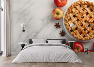 Freshly baked apple pie with lattice crust on a marble background, surrounded by whole apples, cinnamon sticks, and star anise. Wall mural