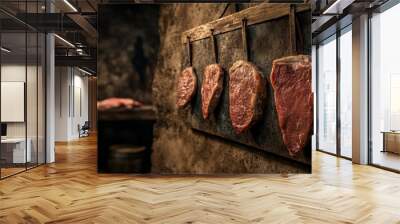 Freshly cut meat displayed in an old-fashioned butcher shop. Rustic ambiance highlights the artisanal quality of the products. Wall mural