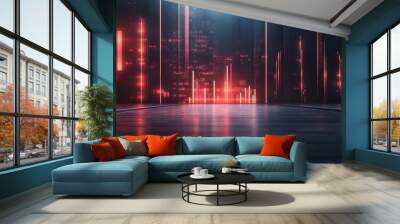 Futuristic digital environment with glowing red lines and reflections on the floor, creating a high-tech ambiance. Wall mural