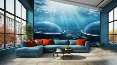 Futuristic underwater domes on the ocean floor with sunlight rays breaking through the surface, illuminating the vibrant coral reef habitat. Wall mural