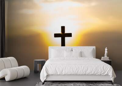 Human hands holding a cross holy and prayed for blessings from God,  Amour Worship God concept. - Image Wall mural