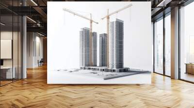 Modern building construction site with cranes working on high-rise structures against a clean white background. Wall mural