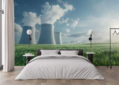 Nuclear power plant cooling towers in a lush green field against a bright sky with dramatic clouds, symbolizing energy and environment. Wall mural