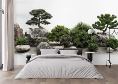 Serene Japanese rock garden with bonsai and stones, offering a tranquil and minimalist landscape perfect for meditation and relaxation. Wall mural