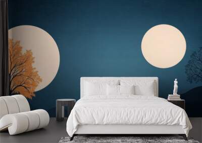 Serene landscape with two moons set against a dark sky, featuring silhouettes of trees and gentle hills, evoking calmness and beauty. Wall mural