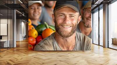 Smiling farmers with fresh organic produce at a local market. Group portrait showcasing teamwork and community spirit. Wall mural