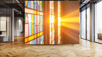 Stained glass window closeup, a kaleidoscope of colors and intricate designs in historic setting Wall mural