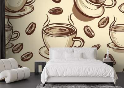 Stylish illustration of coffee cups and beans, perfect for beverage-related designs and projects. Wall mural