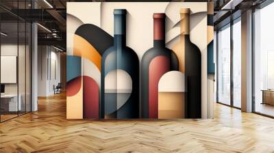 Stylized illustration of wine bottles in a modern abstract design featuring warm colors and geometric shapes. Wall mural