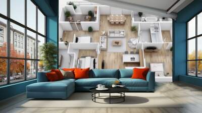 Top-down view of a modern 3 bedroom apartment floor plan with hardwood floors. Wall mural