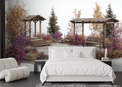 Tranquil garden setting with two wooden benches peaceful nature scene for relaxation and contemplation Wall mural