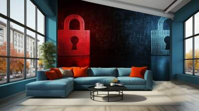 Two glowing padlocks, one red, one blue,  on a dark background with digital code. Concept of cybersecurity and data protection. Wall mural