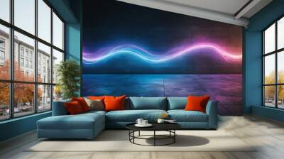 Vibrant neon light wave on a dark wall, creating a modern artistic backdrop for digital art or abstract design purposes. Wall mural