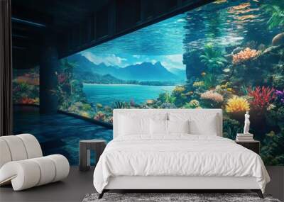 Vibrant underwater scene showcasing colorful corals and aquatic life, framed by a scenic mountain backdrop. Wall mural