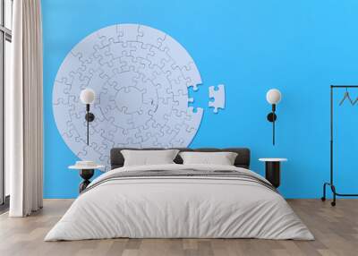 White jigsaw puzzle on a blue background. Completing final task, missing jigsaw puzzle pieces and business concept with a puzzle piece missing. Wall mural