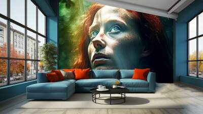 A fictional character with red hair and blue eyes gazes up at the sun in a visually stunning illustration depicting mythology and entertainment Wall mural