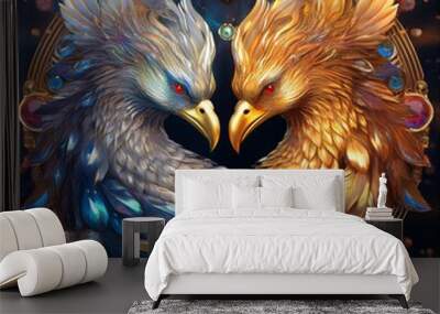 In a beautiful display of nature, two birds, one shimmering gold and the other radiant silver, are gracefully forming a heart shape with their heads, creating an enchanting scene Wall mural