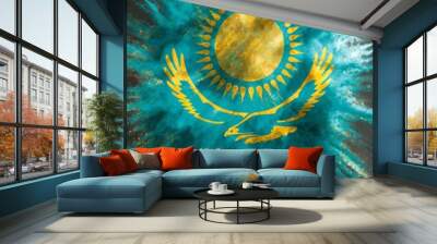 Kazakhstan colorful flag holi paint powder explosion on isolated background, generated by AI. High quality photo Wall mural