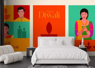 Happy Diwali typography and festival icon design with Indian man and woman vector Wall mural