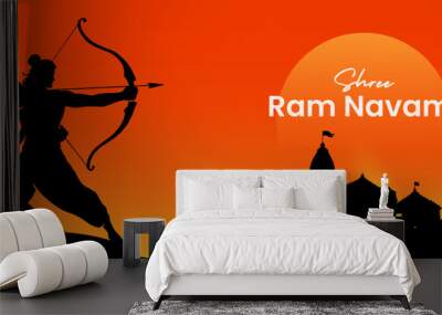 Shree Ram Navami, vector Illustration, the silhouette of Lord Ram bow arrow and Ayodhya Ram temple background, Social media post, Poster, and, Banner design template. 
 Wall mural