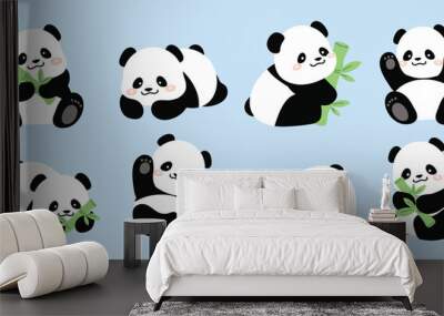 Cute Animal Panda characters set. Hand drawn wild animal cartoon design of panda in different pose, bamboo, sitting, sleeping. Adorable bear mascot illustration for sticker, clipart, education. Wall mural