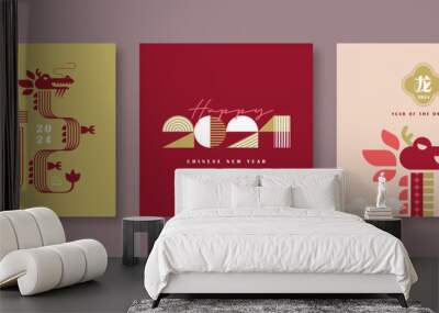 2024 Chinese New Year - year of the Dragon poster set. Minimal modern design template with typography 2024 and dragon for season decoration, banner, graphic print, greeting card (text: Lunar New Year) Wall mural