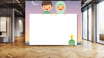 Hari Raya vector illustration with muslim oil lamp. Muslim kids holding white paper and beautiful starry night as background. Hari raya message board. Wall mural