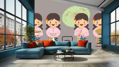 Set of cartoon lady wearing peranakan kebaya with Nyonya pastry, bakul siah, oil paper umbrella and hand fan. Baba-nyonya culture flat design. Wall mural