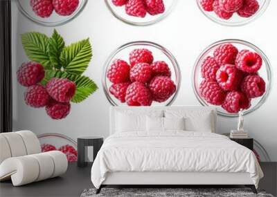 A vibrant collage of fresh raspberries displayed in clear dishes, featuring varying arrangements with green leaves enhancing the visual appeal. Wall mural